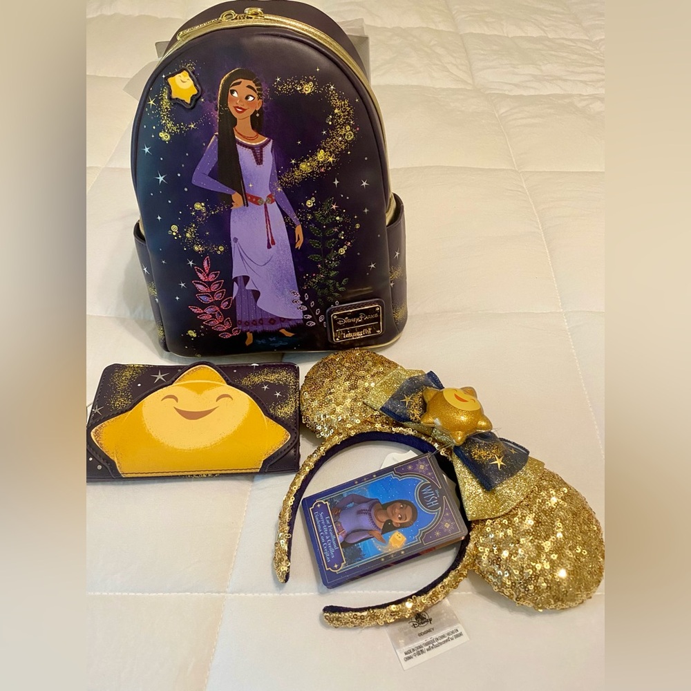 Disney Parks Wish Loungefly mini backpack, matching wallet, and ears NWT.